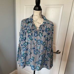 NY Collection Black /White Patterned Blouse, large